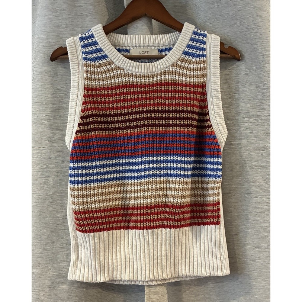 LOFT Sweater Vest Womens Medium Striped Knit Cotton Blend Cream Multi Color